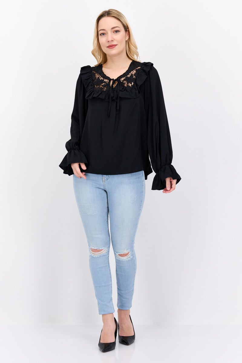RIVER ISLAND Women Tie Neck Long Sleeve Plain Top, Black - Image 3