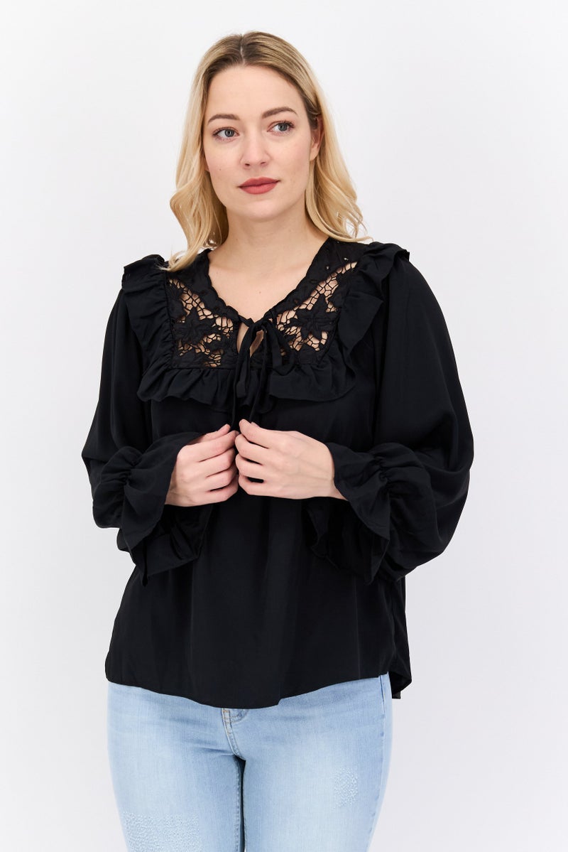 RIVER ISLAND Women Tie Neck Long Sleeve Plain Top, Black - Image 1