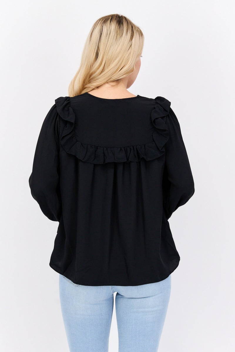 RIVER ISLAND Women Tie Neck Long Sleeve Plain Top, Black - Image 4