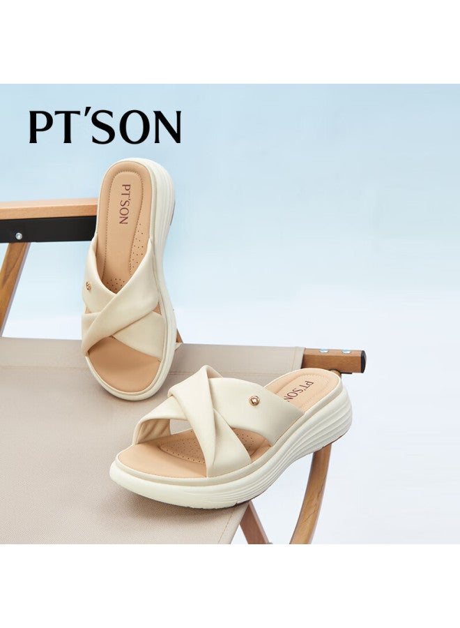 PT'SON Baitiansen Sheepskin Soft-soled Slippers For Women, Beach Sandals, Summer Thick-soled Sandals, Outdoor Versatile Slippers, Beige, Size 38 - Image 5