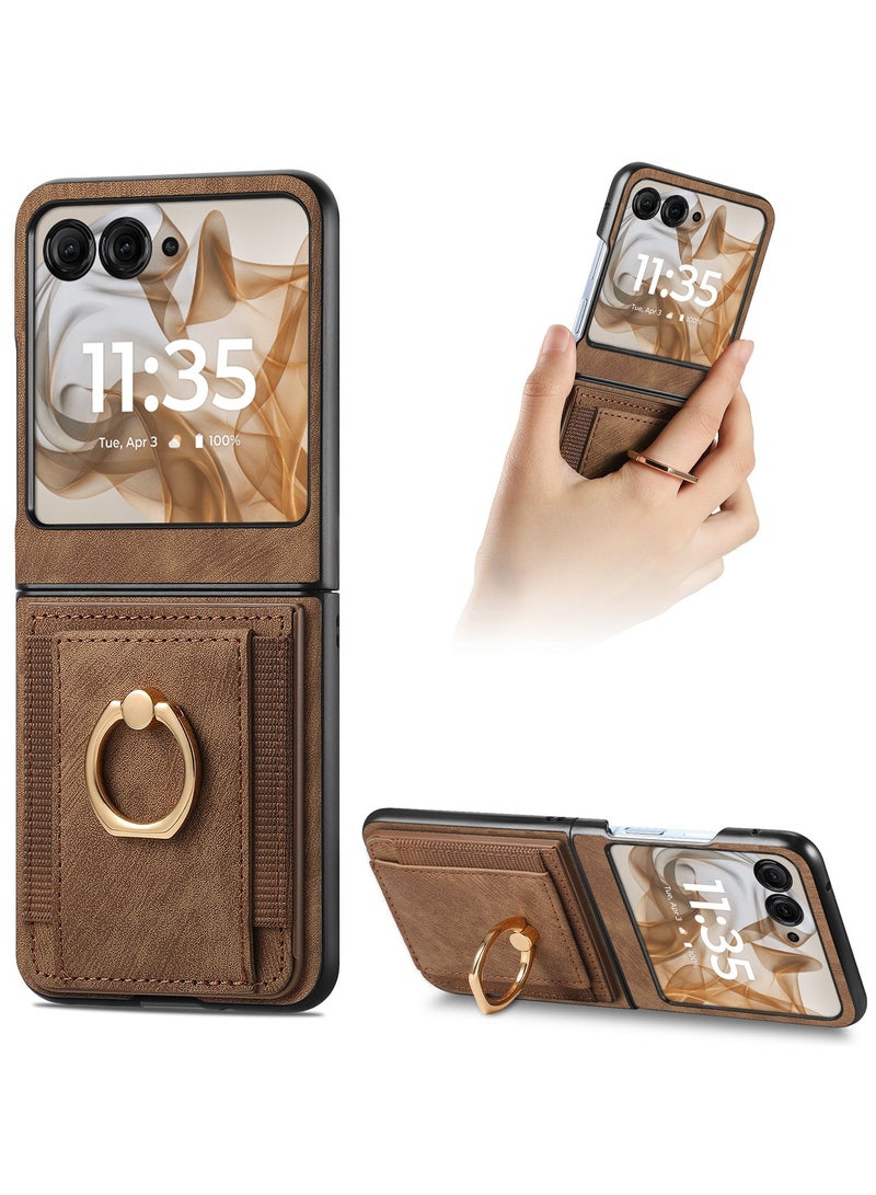 CoomBe For Motorola Razr 60 Ultra Case, PU Leather Card Slot Holder Wallet Phone Case Ring Bracket Shockproof Cover Brown