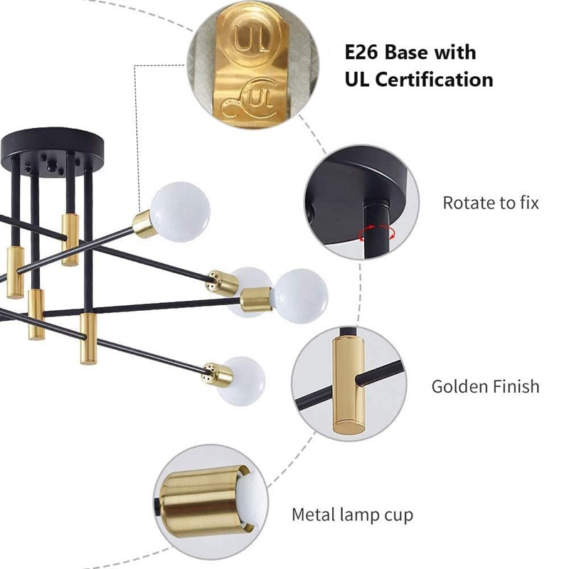 8-Light Chandelier Modern Ceiling Light Fixture Mid Century Black and Gold Industrial Pendant Lights Semi Flush Mount Lighting Angle Adjustable for Living Room Dining Room Bedroom Kitchen Bar - Image 5