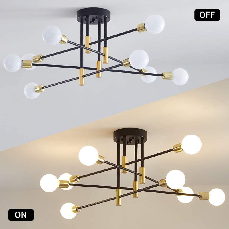 8-Light Chandelier Modern Ceiling Light Fixture Mid Century Black and Gold Industrial Pendant Lights Semi Flush Mount Lighting Angle Adjustable for Living Room Dining Room Bedroom Kitchen Bar - Image 2