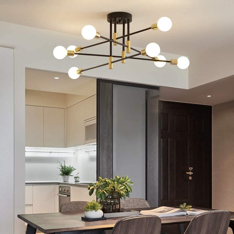 8-Light Chandelier Modern Ceiling Light Fixture Mid Century Black and Gold Industrial Pendant Lights Semi Flush Mount Lighting Angle Adjustable for Living Room Dining Room Bedroom Kitchen Bar - Image 3