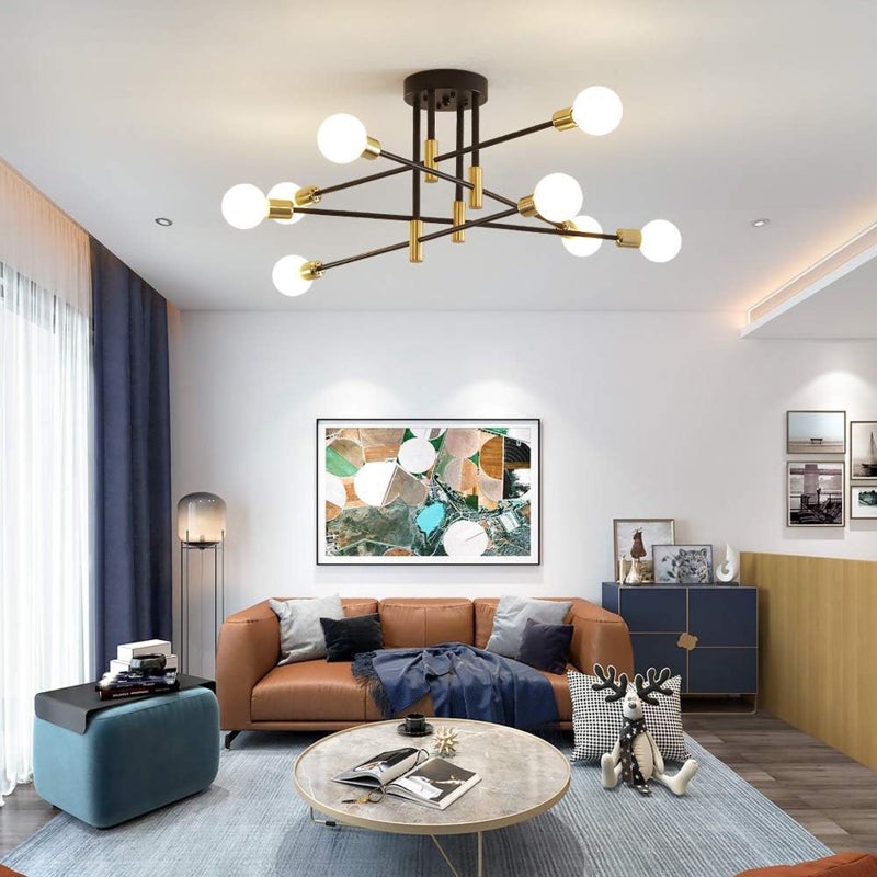8-Light Chandelier Modern Ceiling Light Fixture Mid Century Black and Gold Industrial Pendant Lights Semi Flush Mount Lighting Angle Adjustable for Living Room Dining Room Bedroom Kitchen Bar - Image 4