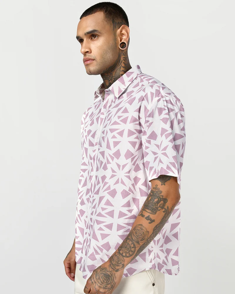 بيواكوف Men's Off White & Dusty Pink All Over Printed Oversized Shirt