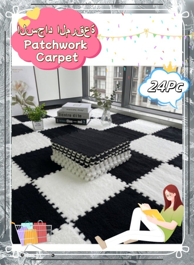 24PCS Plush Puzzle Foam Floor Mat for Kids- Thick Interlocking Fluffy Tiles with Border Square Rug Split Joint Soft Climbing Carpet Mats Area Rug for Room Floor （White + Black） - Image 1
