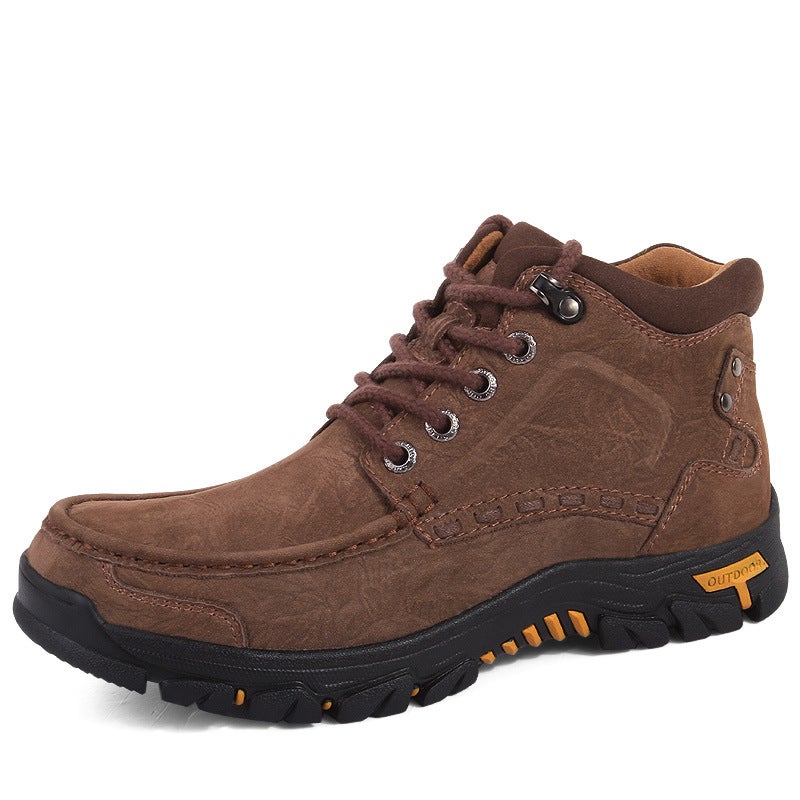 Winter Fleece-Lined Warm Outdoor Casual Cotton-Padded Shoes Sports Mountaineering Shoes High-Top Lace-Up Platform Non-Slip Matte Cowhide - Image 1