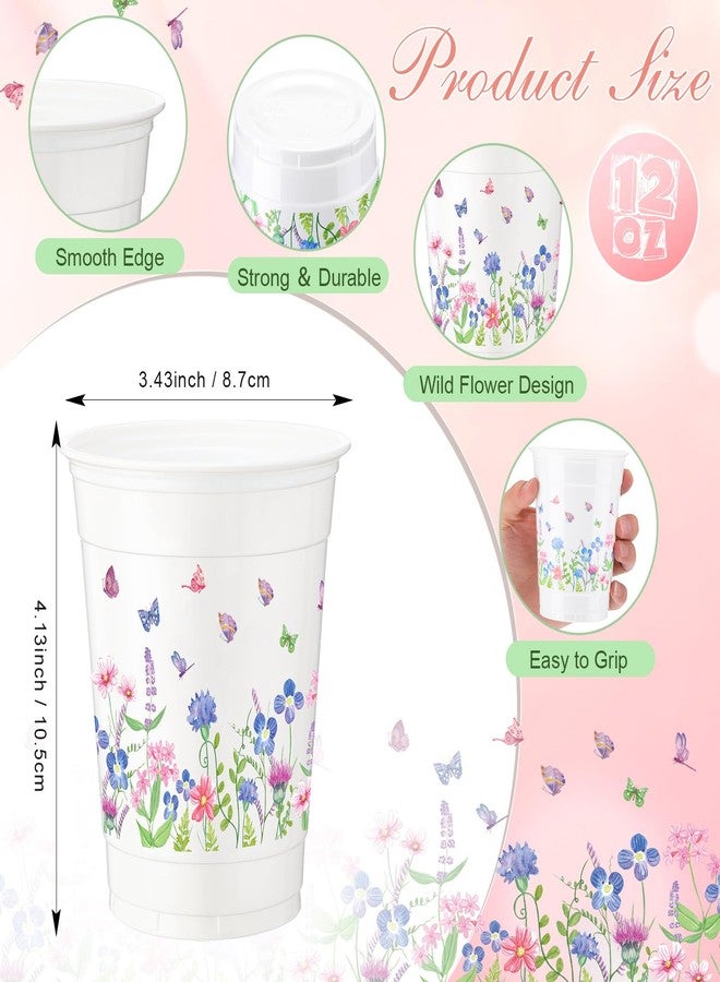 Willinglong 48 Pcs 12oz Wildflower Disposable Plastic Cups, Floral Watercolor Printed Drinking Cups Stackable for Party Beverage Spring Holiday Camping Picnic Birthday Baby Shower Supplies - Image 3