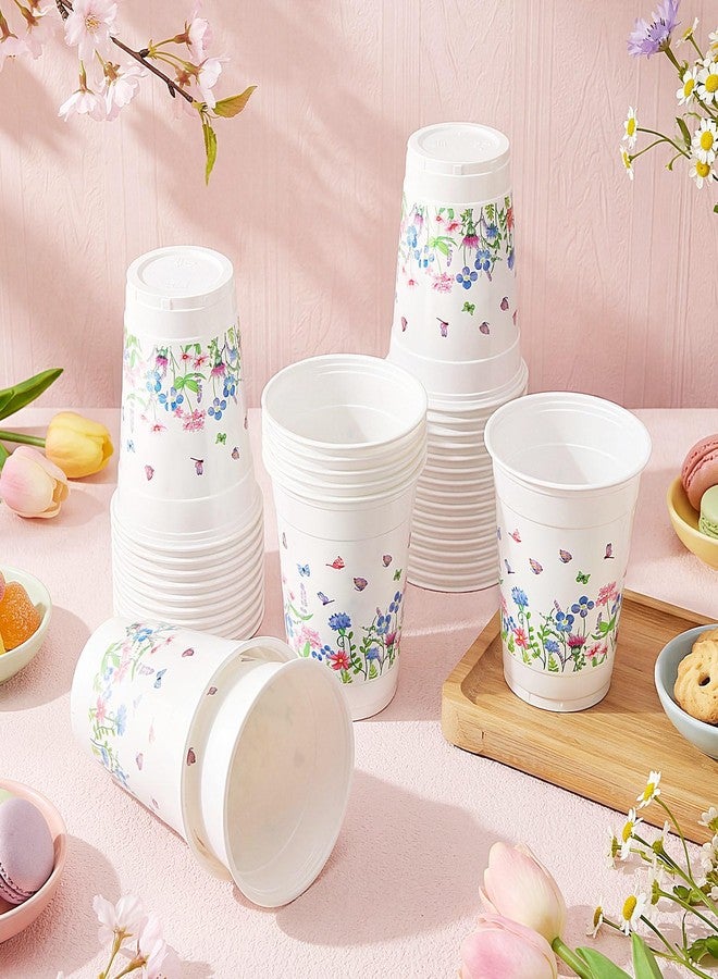 Willinglong 48 Pcs 12oz Wildflower Disposable Plastic Cups, Floral Watercolor Printed Drinking Cups Stackable for Party Beverage Spring Holiday Camping Picnic Birthday Baby Shower Supplies - Image 2