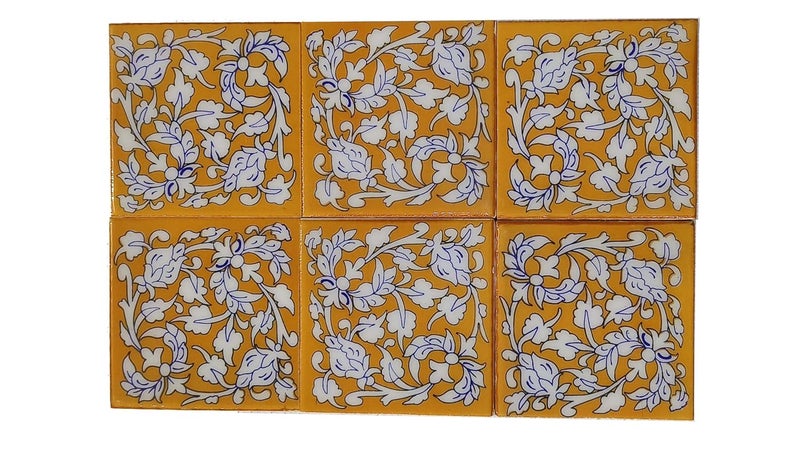 Shiv Kripa Blue Pottery Luxury Floral Decorative Crafted Tabletop Flooring Wall Interior Exterior Traditional 4 x 4 inch Tiles Pack of 6 Tiles YALLOW