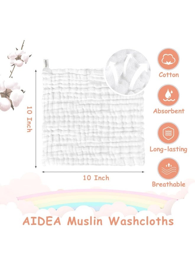 AIDEA Baby Washcloths and Burp Cloths, Absorbent Cotton Muslin Baby Towels, Large Soft Breathable Newborn Essentials for Boys and Girls, Newborn Essentials, White-10 Pack, 10"x10" - Image 2