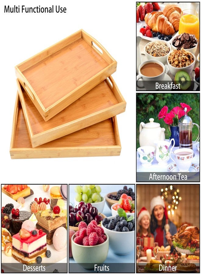 AKKAJJ 3 Pack Bamboo Serving Trays with Handles, Rectangular Kitchen Food Tray for Eating, Dinner Trays for Eating on Couch, Wood Serving Platter for Breakfast, Tea, Bar, Restaurant, Party or Bed (Beige) - Image 5