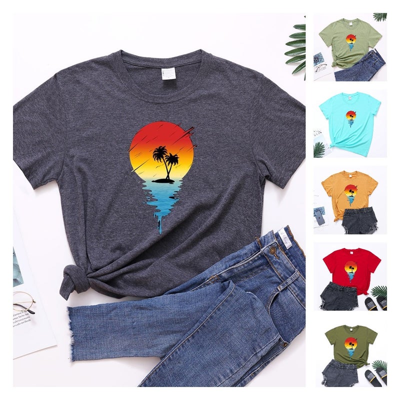 Spot 2023 European and American Sunset Beautiful Pattern Casual Women's Top Coconut Tree Printed Short Sleeve Women's T-Shirt - Image 2