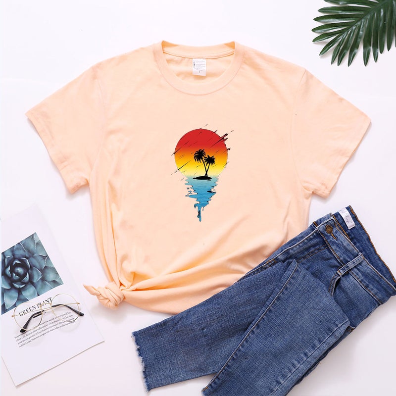 Spot 2023 European and American Sunset Beautiful Pattern Casual Women's Top Coconut Tree Printed Short Sleeve Women's T-Shirt - Image 1
