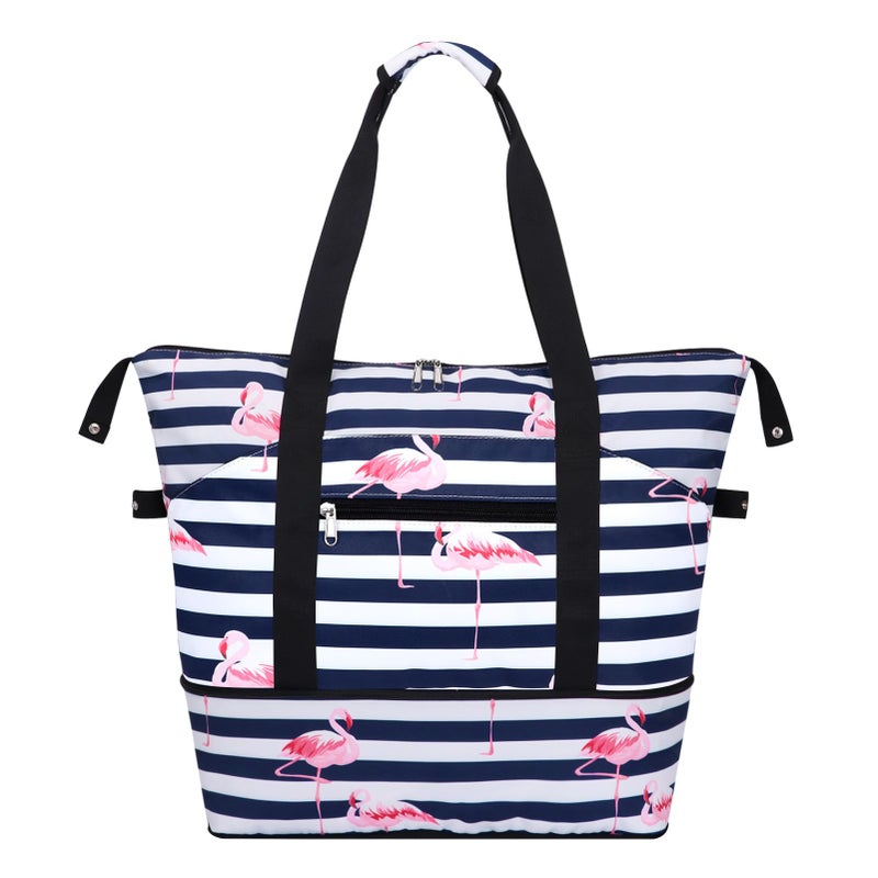 HAWEE Expandable Duffel Bag for Women with Trolley Sleeve and Wet Pocket Water Repellent Weekender Travel Tote Large Capacity Carry On Overnight Luggage Flamingo Stripe - Image 2