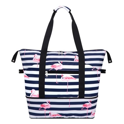HAWEE Expandable Duffel Bag for Women with Trolley Sleeve and Wet Pocket Water Repellent Weekender Travel Tote Large Capacity Carry On Overnight Luggage Flamingo Stripe - Image 1
