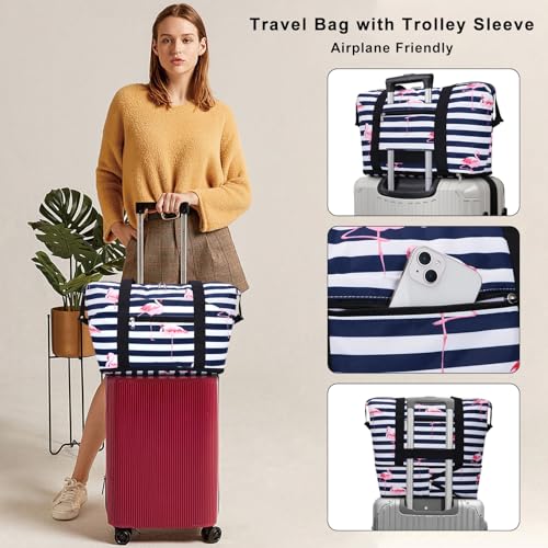 HAWEE Expandable Duffel Bag for Women with Trolley Sleeve and Wet Pocket Water Repellent Weekender Travel Tote Large Capacity Carry On Overnight Luggage Flamingo Stripe - Image 3