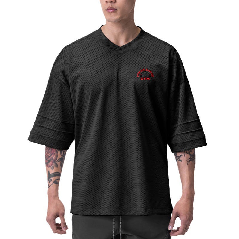 Summer new plus size fitness clothes loose off-shoulder sports short sleeve muscle men''s basketball training half sleeve t-shirt foreign trade - Image 2