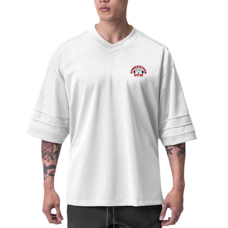 Summer new plus size fitness clothes loose off-shoulder sports short sleeve muscle men''s basketball training half sleeve t-shirt foreign trade - Image 1