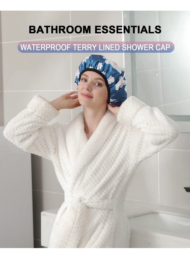 YIZIJIZI Terry Lined Shower Caps Triple Layer Large Shower Cap For Women Reusable Shower Caps For Long Thick Hair Waterproof Washable Soft Bath Shower Caps For Hair Care  - Image 3