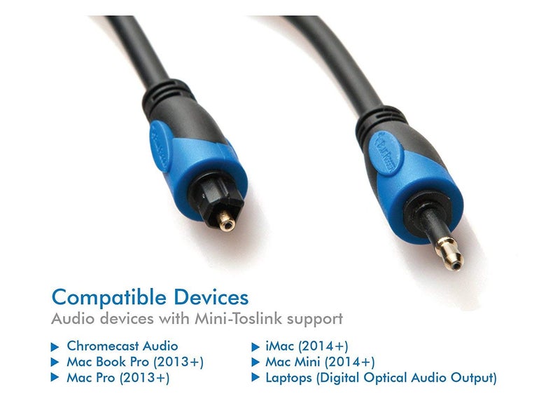 BlueRigger Toslink to Mini-Toslink Digital Optical S/PDIF Audio Cable (NOT a 3.5mm aux Cable) with Strain-Relief PVC Jacket and Gold-Plated connectors compatible with MI 4K Box (6 feet/1.8 Meters) - Image 5