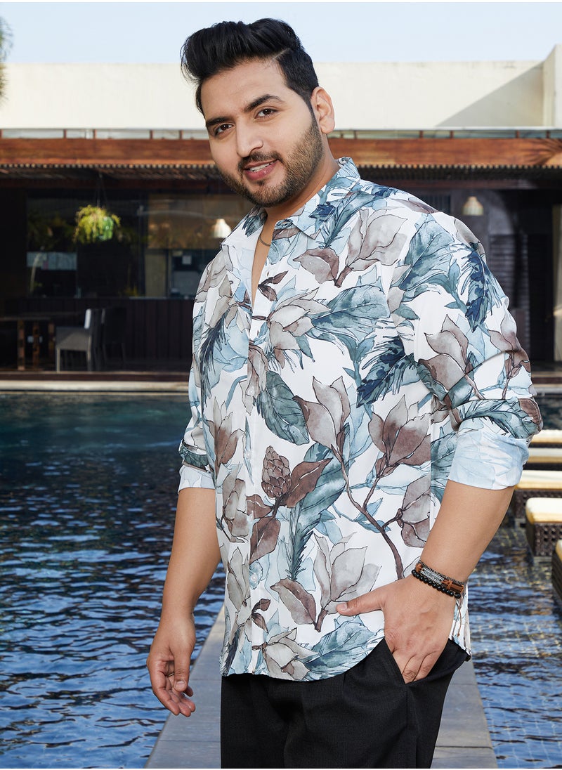 Instafab Plus Instafab Plus Men's Icy Blue & Daisy White Stained-Foliage Shirt For Casual Wear | Spread Collar | Long Regular Sleeves | Button Closure | Plus Size Shirt Crafted With Comfort Fit For Everyday Wear  - Image 3