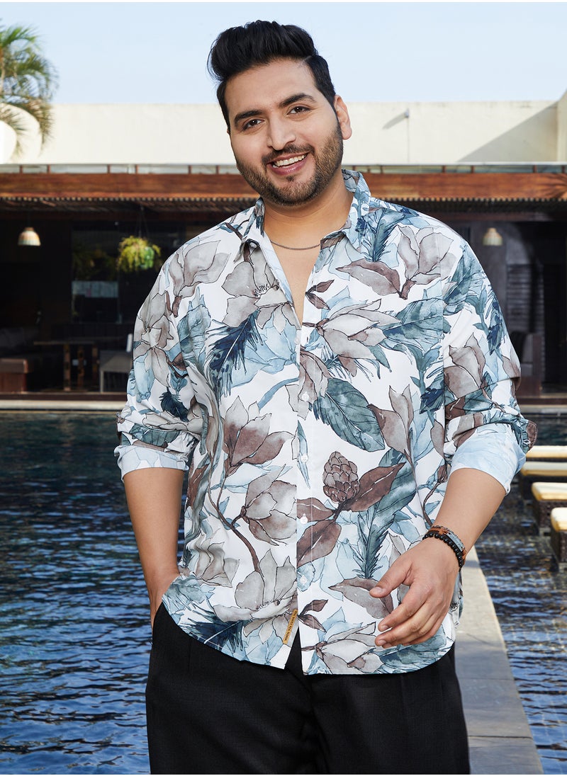 Instafab Plus Instafab Plus Men's Icy Blue & Daisy White Stained-Foliage Shirt For Casual Wear | Spread Collar | Long Regular Sleeves | Button Closure | Plus Size Shirt Crafted With Comfort Fit For Everyday Wear  - Image 2