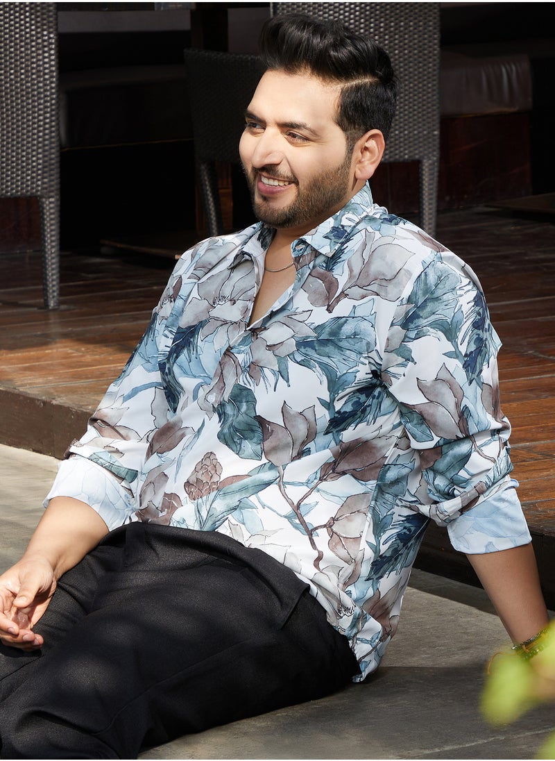 Instafab Plus Instafab Plus Men's Icy Blue & Daisy White Stained-Foliage Shirt For Casual Wear | Spread Collar | Long Regular Sleeves | Button Closure | Plus Size Shirt Crafted With Comfort Fit For Everyday Wear  - Image 1