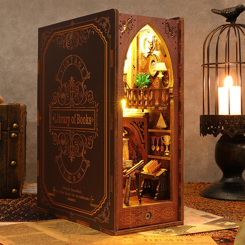 ISSEVE DIY Book Nook Kit, 3D Wooden Puzzle DIY Miniature House Kit for Booknook Shelf Insert Decoration, Magic Book House Stand Bookshelf Dollhouse for Adults with Sensor Light (Library of Books) - Image 5