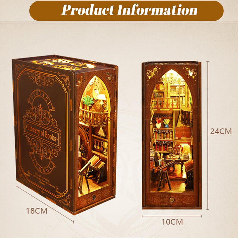ISSEVE DIY Book Nook Kit, 3D Wooden Puzzle DIY Miniature House Kit for Booknook Shelf Insert Decoration, Magic Book House Stand Bookshelf Dollhouse for Adults with Sensor Light (Library of Books) - Image 2