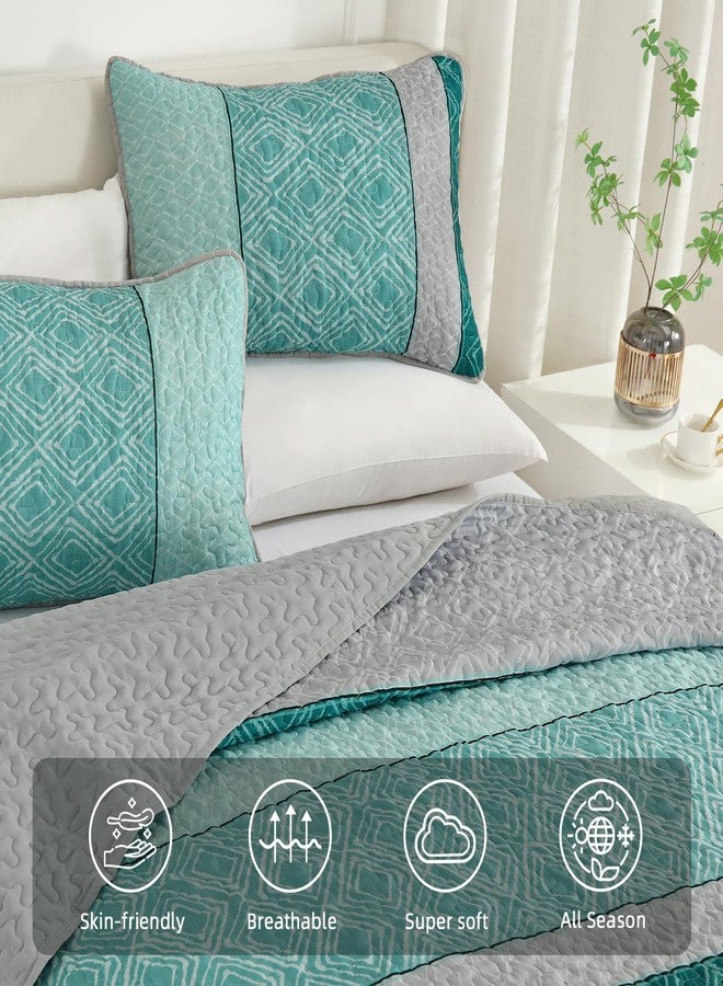 Cottolester Boho Quilt Set California King Size 3 Pieces,Teal Striped Plaid Bedspread,Soft Microfiber Bedding Set with 2 Pillow Shams 112"x96" - Image 3