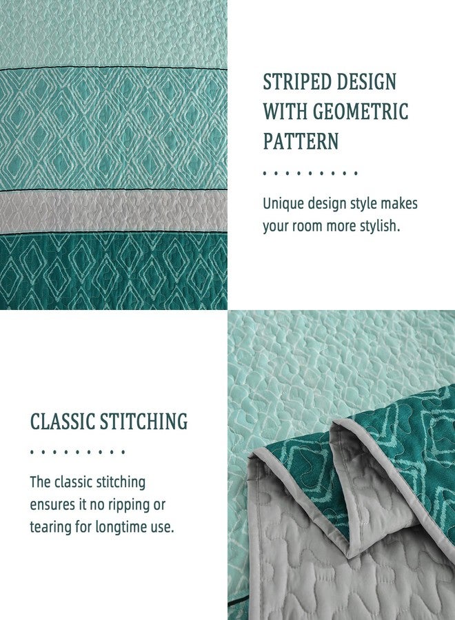 Cottolester Boho Quilt Set California King Size 3 Pieces,Teal Striped Plaid Bedspread,Soft Microfiber Bedding Set with 2 Pillow Shams 112"x96" - Image 5