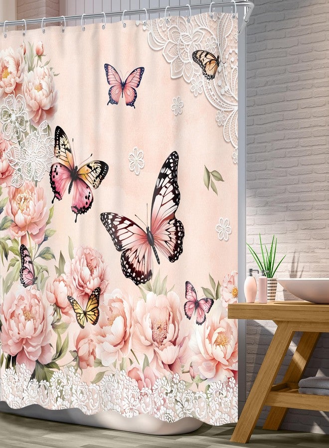 Ufeela Butterfly Shower Curtain,Pink Floral Girly Rose Gold Flower Butterfly Shower Curtain for Bathroom, 72Wx72L Inch Peony Rustic Vintage Pretty Bathroom Set Bathtub Bath Accessories Home Decor - Image 3