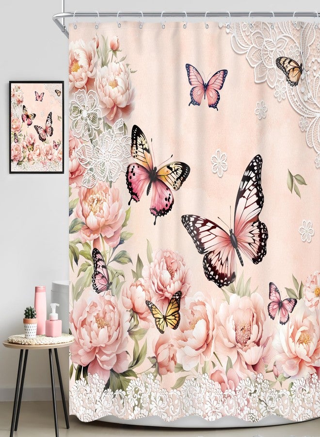 Ufeela Butterfly Shower Curtain,Pink Floral Girly Rose Gold Flower Butterfly Shower Curtain for Bathroom, 72Wx72L Inch Peony Rustic Vintage Pretty Bathroom Set Bathtub Bath Accessories Home Decor - Image 2