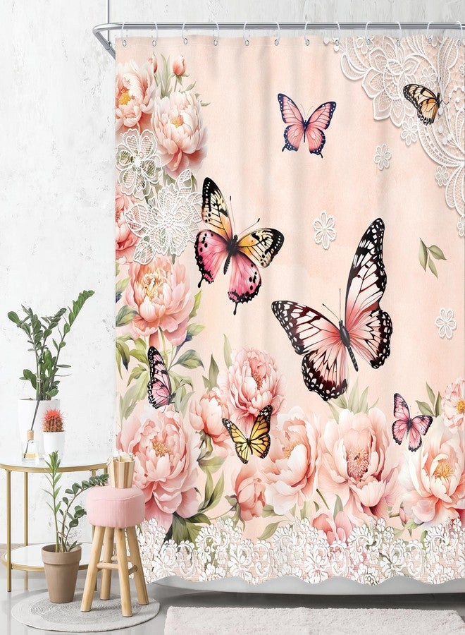 Ufeela Butterfly Shower Curtain,Pink Floral Girly Rose Gold Flower Butterfly Shower Curtain for Bathroom, 72Wx72L Inch Peony Rustic Vintage Pretty Bathroom Set Bathtub Bath Accessories Home Decor - Image 1
