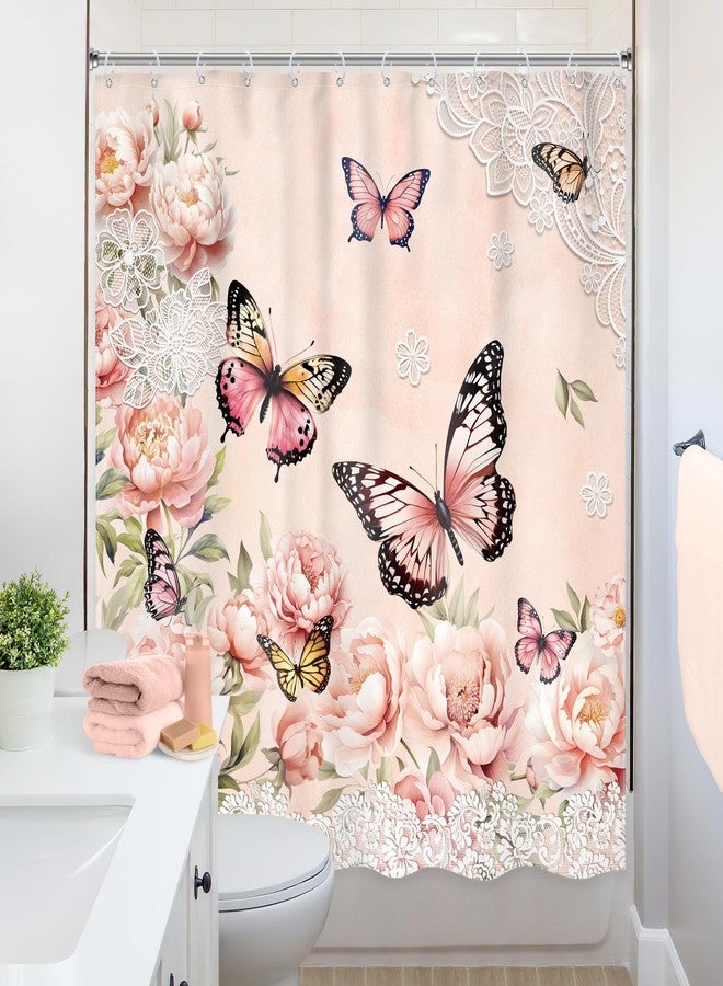 Ufeela Butterfly Shower Curtain,Pink Floral Girly Rose Gold Flower Butterfly Shower Curtain for Bathroom, 72Wx72L Inch Peony Rustic Vintage Pretty Bathroom Set Bathtub Bath Accessories Home Decor - Image 4