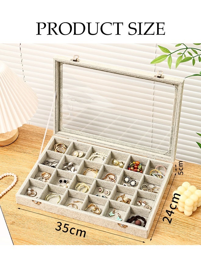 Ice Velvet Jewelry Box Display Case with a Clear Glass Window,Women Multifunctional Jewelry Storage, 24Grids for Earrings Rings Storage Grey - Image 2