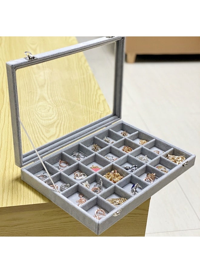 Ice Velvet Jewelry Box Display Case with a Clear Glass Window,Women Multifunctional Jewelry Storage, 24Grids for Earrings Rings Storage Grey - Image 1