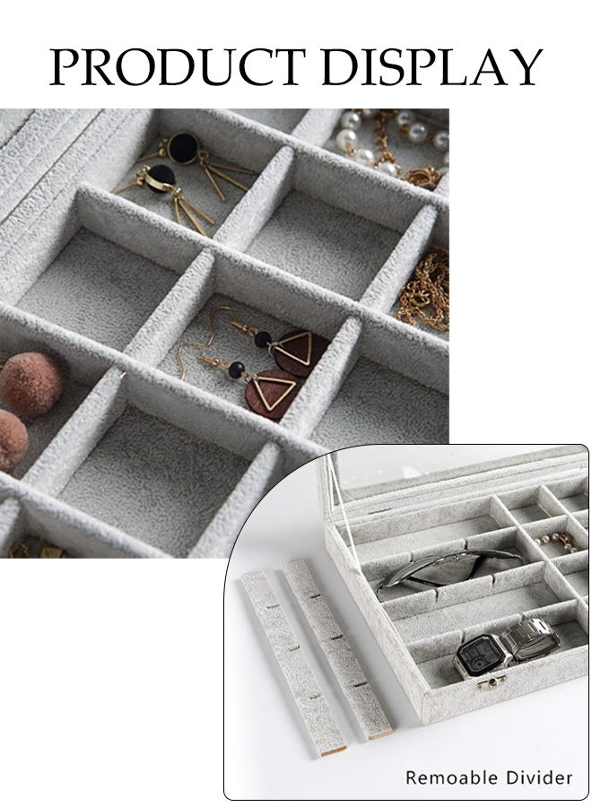 Ice Velvet Jewelry Box Display Case with a Clear Glass Window,Women Multifunctional Jewelry Storage, 24Grids for Earrings Rings Storage Grey - Image 5