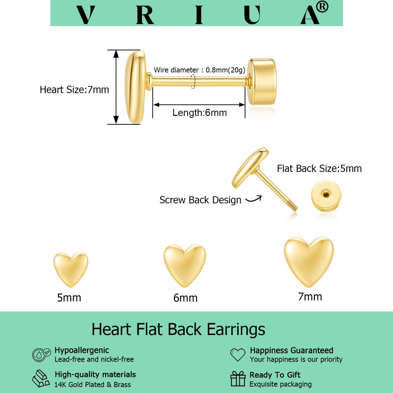 VRIUA Hypoallergenic Flat Back Earrings for Women - 14K Gold Plated Small Heart Flat Back Stud Earrings Cartilage Helix Piercing Jewelry - Image 4