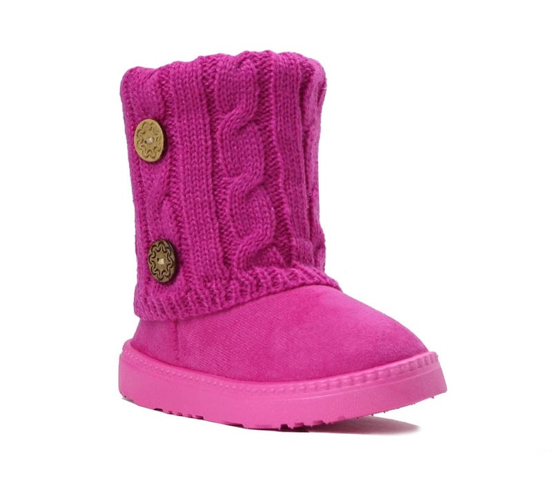 REDVOLUTION Kids Boots Toddler Girls Cute 2 Buttons Faux Fur Suede Knitting Shoe | 285 (Small Kid 11, Fuchsia) - Image 2