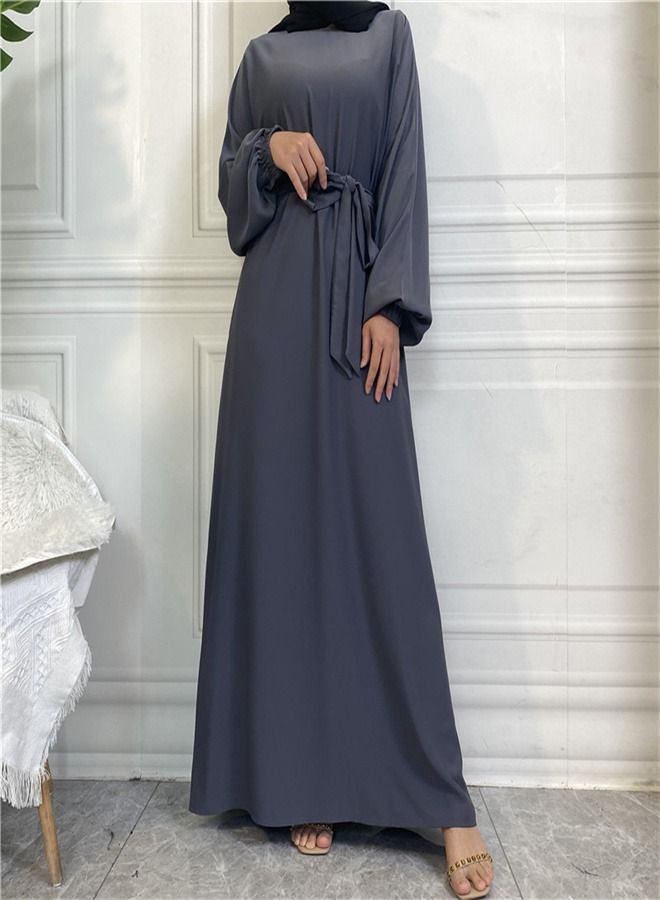 Loquat Casual Elegant Lace-Up Dress Abaya Grey  - Image 1