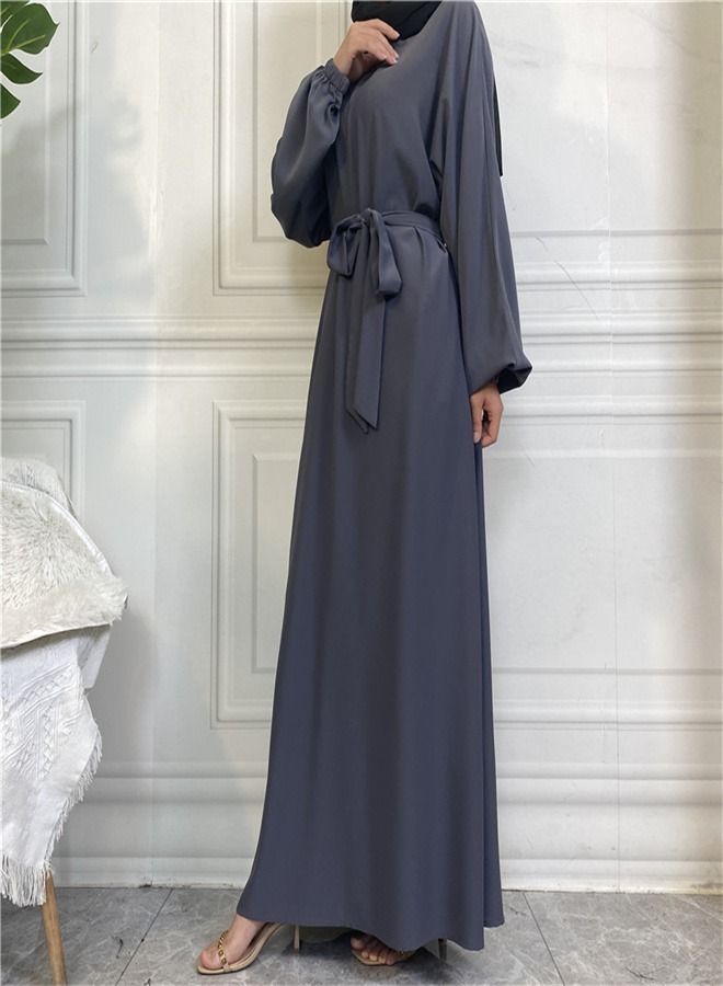 Loquat Casual Elegant Lace-Up Dress Abaya Grey  - Image 3