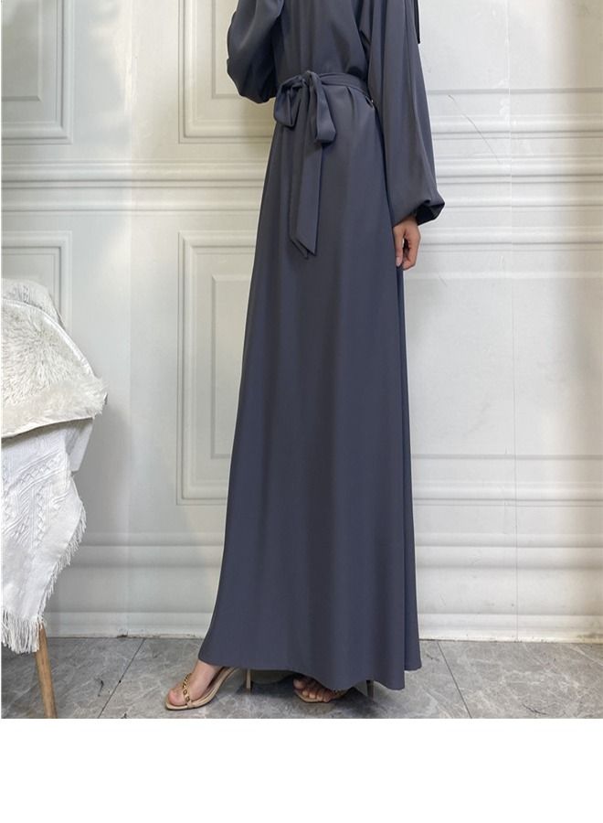 Loquat Casual Elegant Lace-Up Dress Abaya Grey  - Image 2