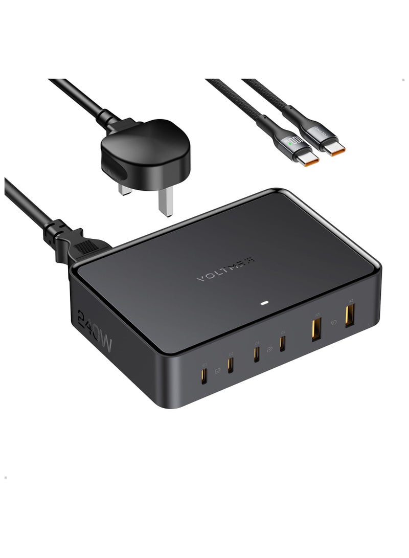 شاحن VOLTME 240 واط 6 منافذ USB-C GaN PD140W محور شحن سريع ، محول طاقة متعدد المنافذ مع كابل تيار متردد 1.5 متر لأجهزة MacBook Pro / Air و Dell و iPhone 16/15 و S24 / S23 و Pixel و Type-C والمزيد