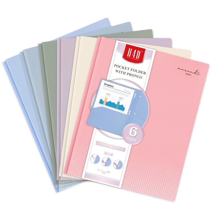 H4D 6 Pack Pastic Pocket Folders with Prong, 6 Colors - Image 1