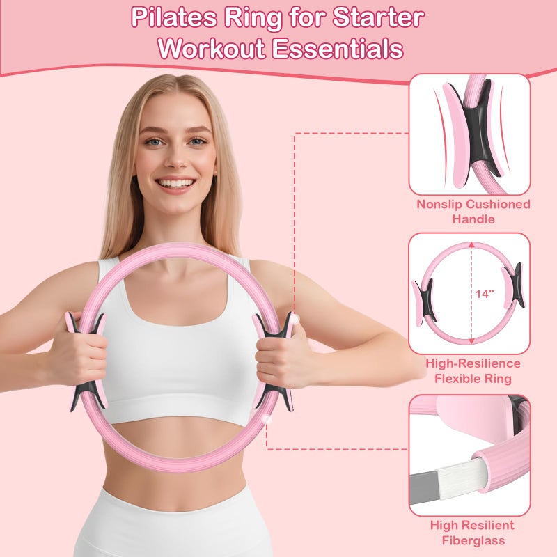 Hoedia Pilates Kit for Women, Pilates Equipment Ring and Ball Set with Resistance Bands, Yoga Strap, Core Sliders, Socks, Bag & Guide for Starter Home Workout Fitness Gym Essentials, Pink - Image 3