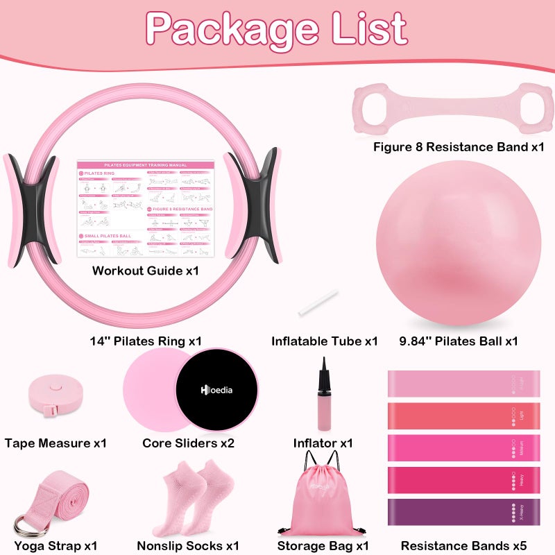 Hoedia Pilates Kit for Women, Pilates Equipment Ring and Ball Set with Resistance Bands, Yoga Strap, Core Sliders, Socks, Bag & Guide for Starter Home Workout Fitness Gym Essentials, Pink - Image 2