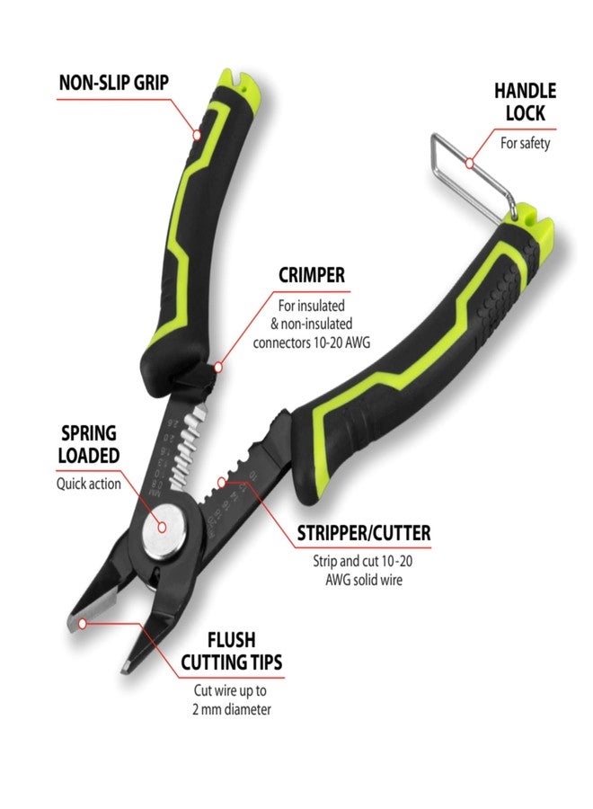 Performance Tool W86510 6-1/2-in Multifunction Flush Cutting Pliers: Cutting, Stripping, Crimping, Hardened Edges, 10-20 AWG Wire, Handle Lock, Ergonomic Handle, Spring Loaded, Black/Green - Image 2